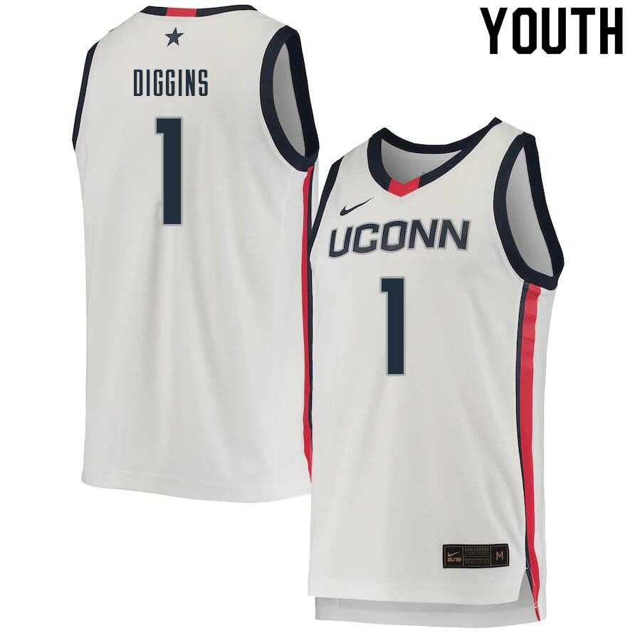 Youth #1 Rahsool Diggins Uconn Huskies College Basketball Jerseys Sale-White - Click Image to Close